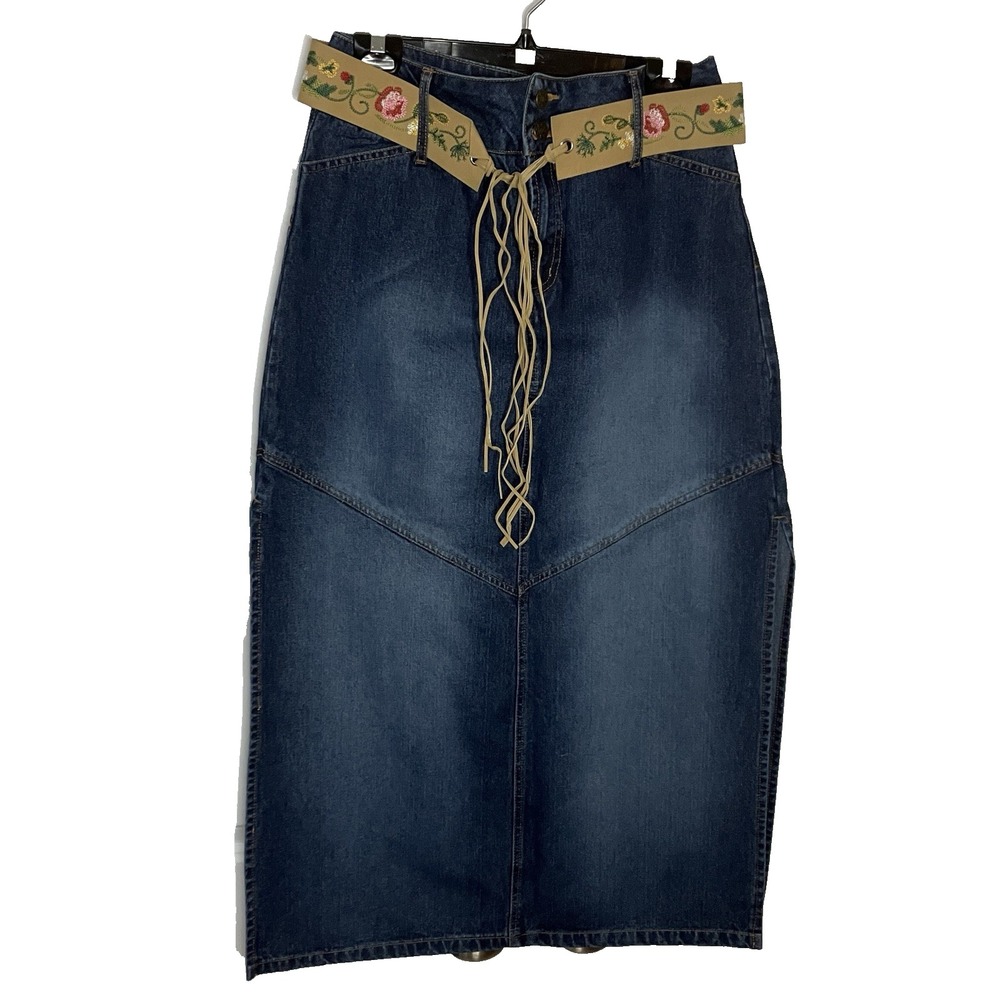 Y2K Sidestreet Womens Denim Midi Skirt Blue Embroidered Belt Floral L